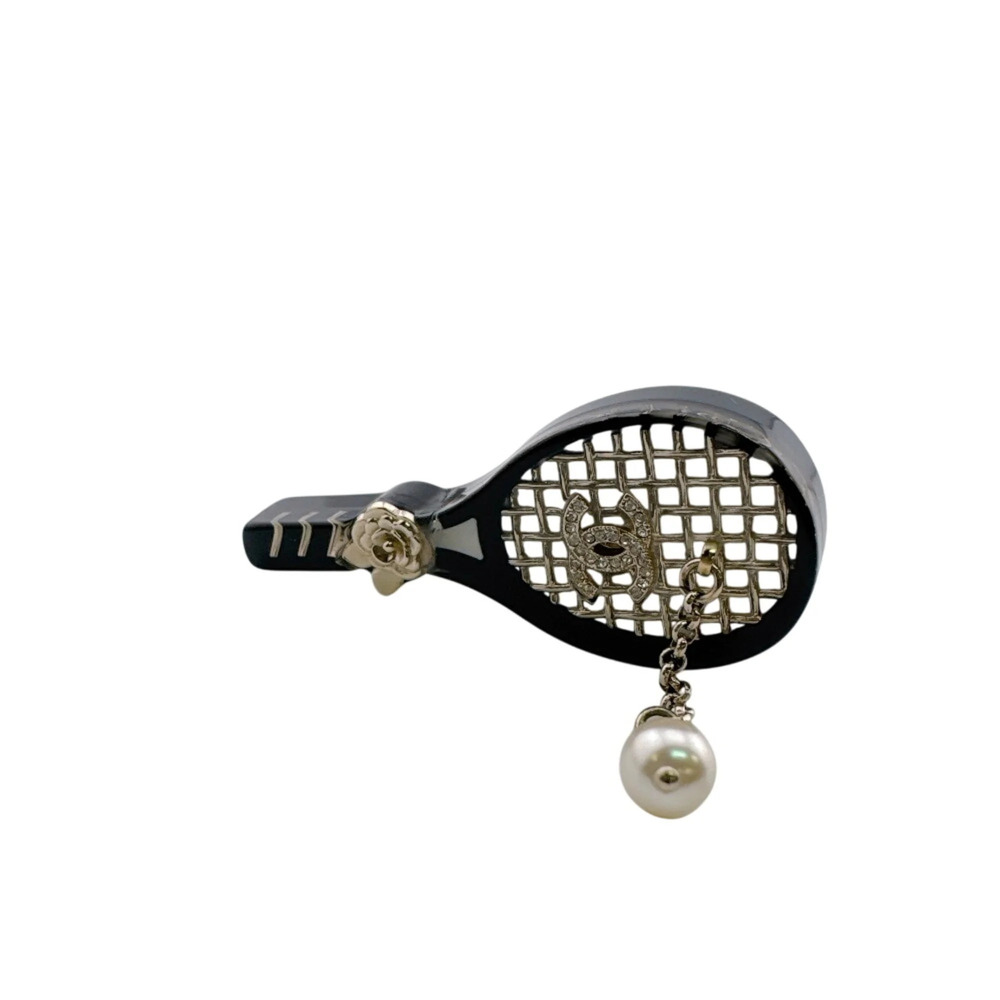 CHANEL tennis racket, camellia, Coco Mark, pearl matelassé charm brooch, black.